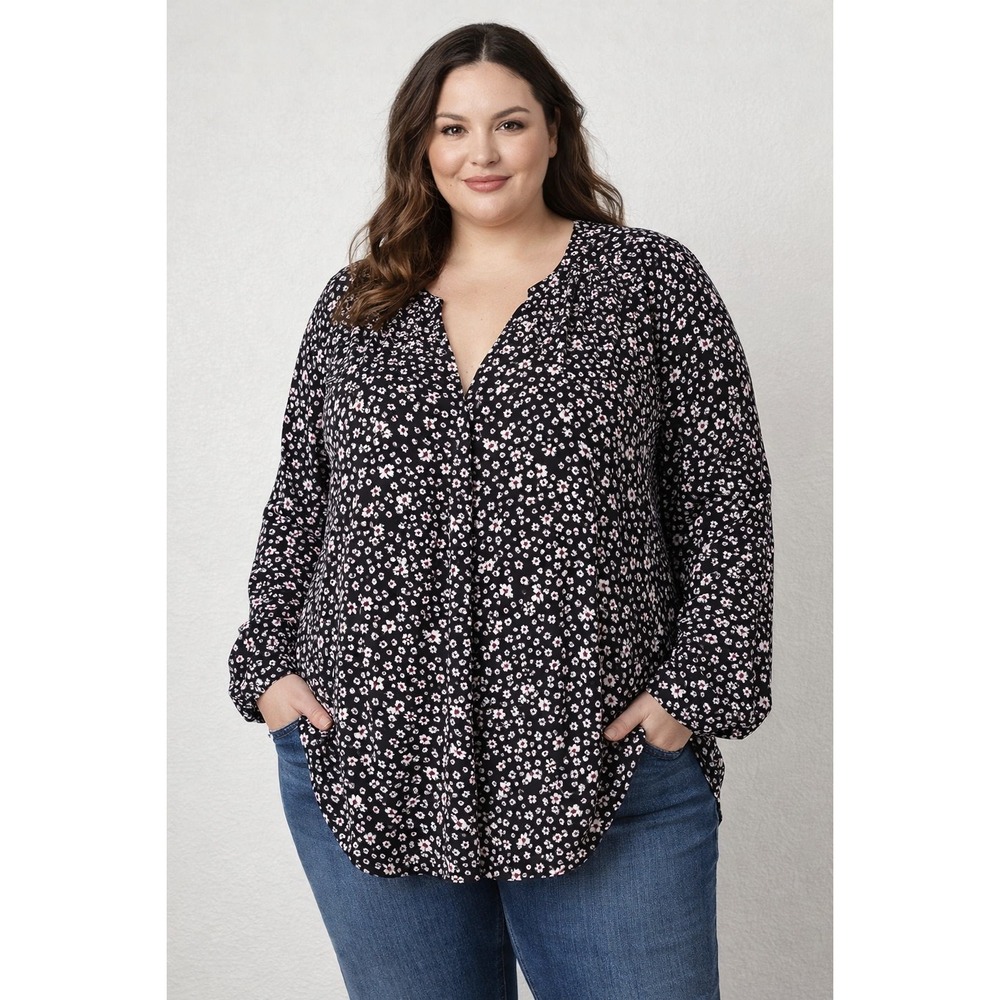 On 34th Womens 2X Black Floral Print V-Neck Long Sleeve‎ Blouse Cottagecore Boho